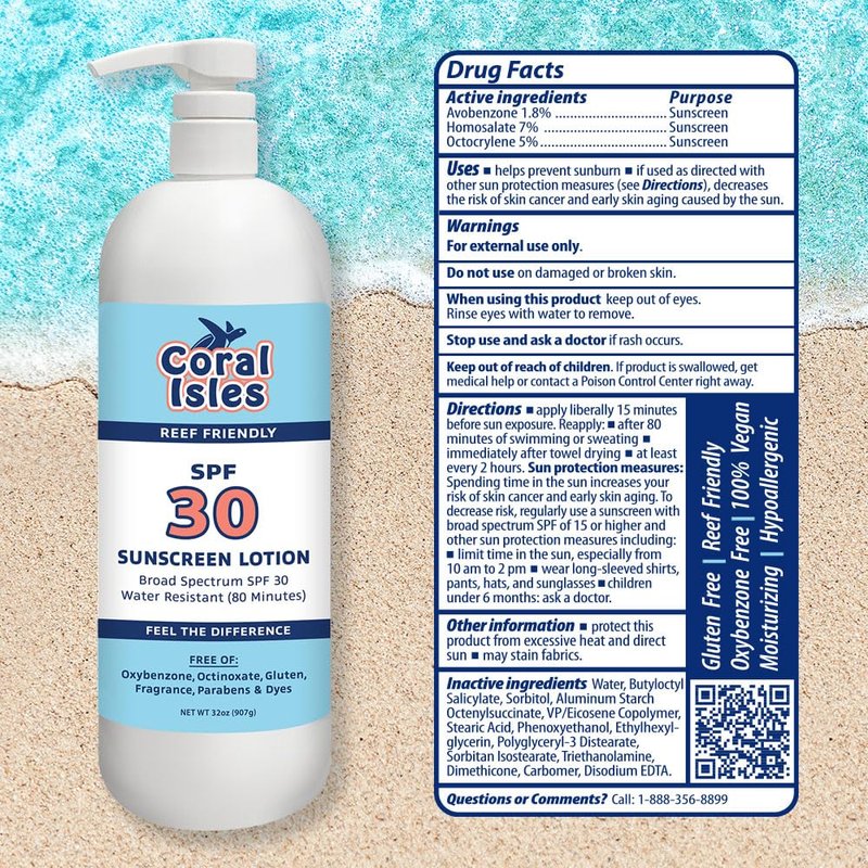 Coral Isles SPF 30 Sunscreen Lotion - Broad Spectrum UVA/UVB Protection | Water Resistant 80 Min | 32 Fl Oz