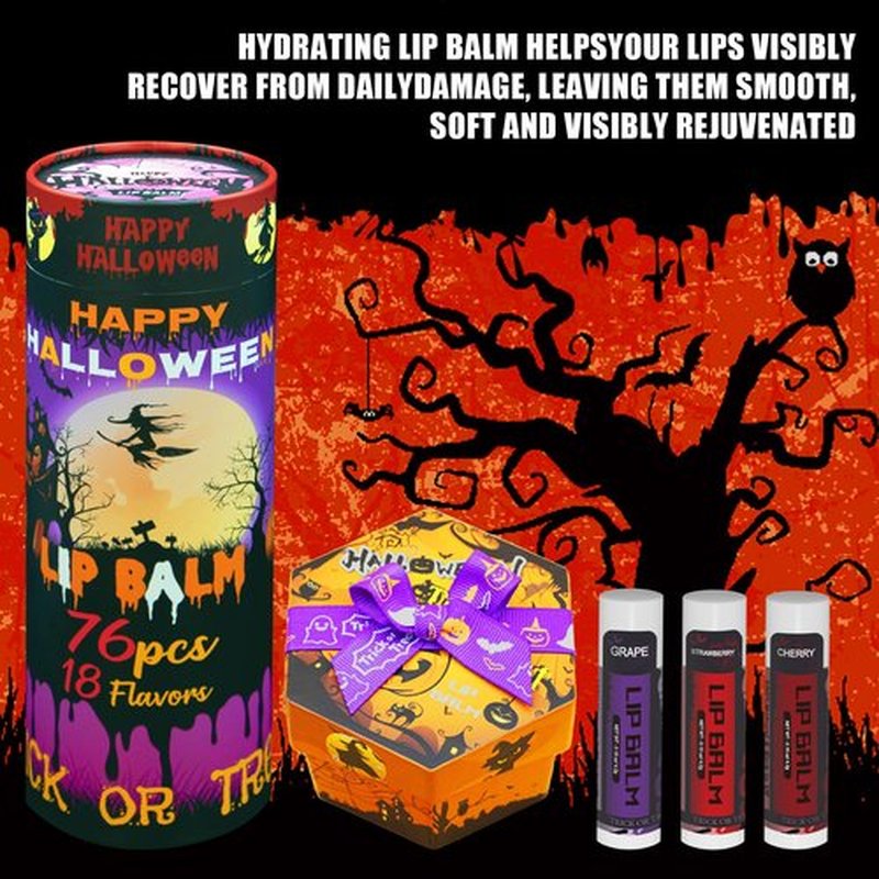 Yopela 76 Pack Halloween Natural Lip Balm Bulk with Vitamin E and Coconut Oil Lip Care Set - Moisturizing, Soothing, and Repairing Dry and Chapped Lips - 18 Flavors - Non-GMO