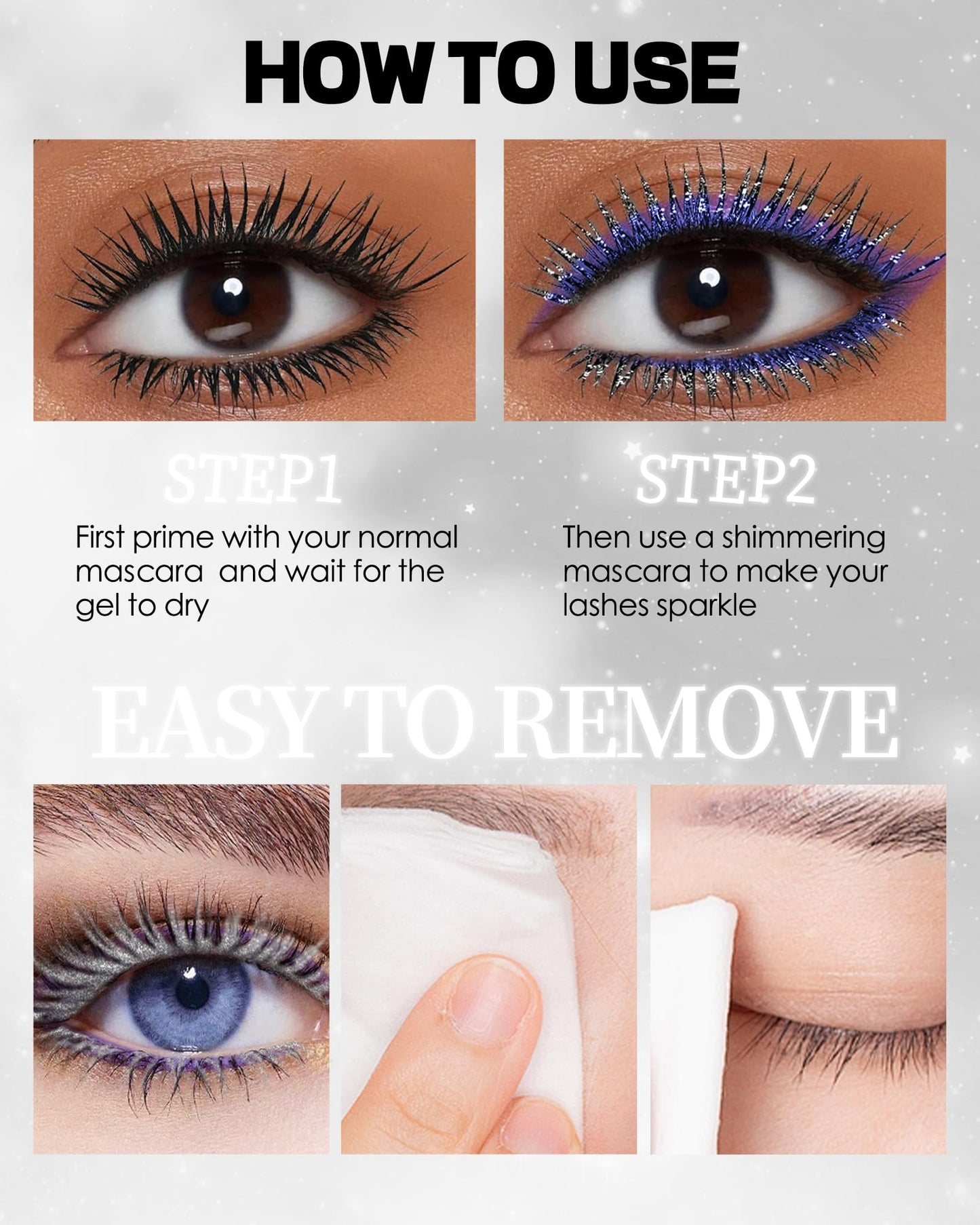 Glitter Mascara and Eyeliner Set, Diamond Sparkle Effect, Lengthening Volumizing Shimmer Colored Mascara for Eyelash, Waterproof Metallic Glitter Eyeliner Liquid, Women Party Eye Makeup-White Silver