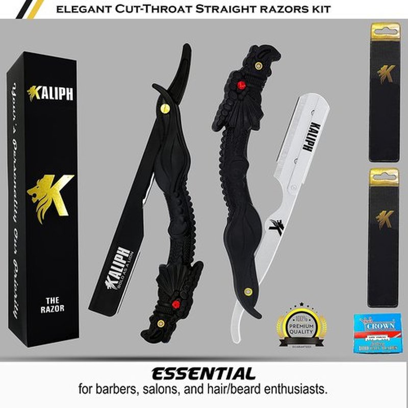 Kaliph Professional Barber Straight Razor - Premium Pack of 2 Straight Edge Razor with 100 Shaving Blades - Mens Manual Navajas Para Barbero Shaver Shavette Knife for Smooth Close Shaving (BLACK)