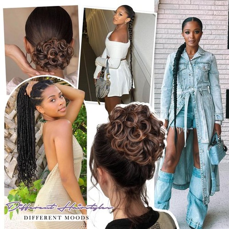 WIGER Natural Black 1B Coily Twisted Locs Ponytail + Drawstring DIY Pre Braided Ponytail + Ombre Brown Messy Updo Hair Bun 3 in 1 Hairpieces Kit for Women