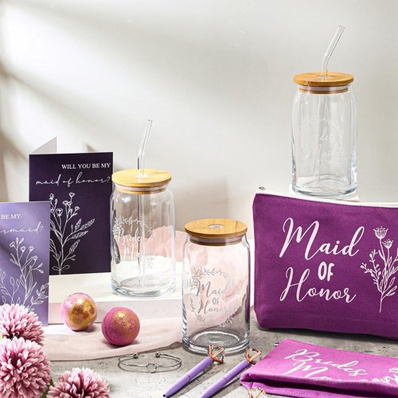 Skybooly 18 Pcs Bridesmaid Proposal Gifts Maid of Honor Gifts Including Brides Maid Glass Cup Makeup Bag Diamond Pen Bracelet Invited Cards for Wedding Party Favors(Purple)