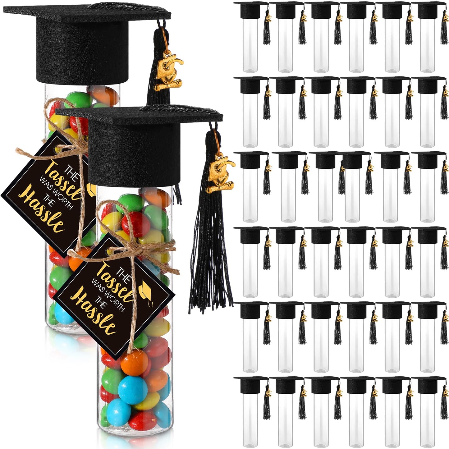 Willinglong 30 Set 2026 Graduation Candy Tubes Jars Set 100 ml Fillable Clear Plastic Gumball Container with Cap with Tassel and Cards for DIY 2026 Graduation Party Favors(Black)