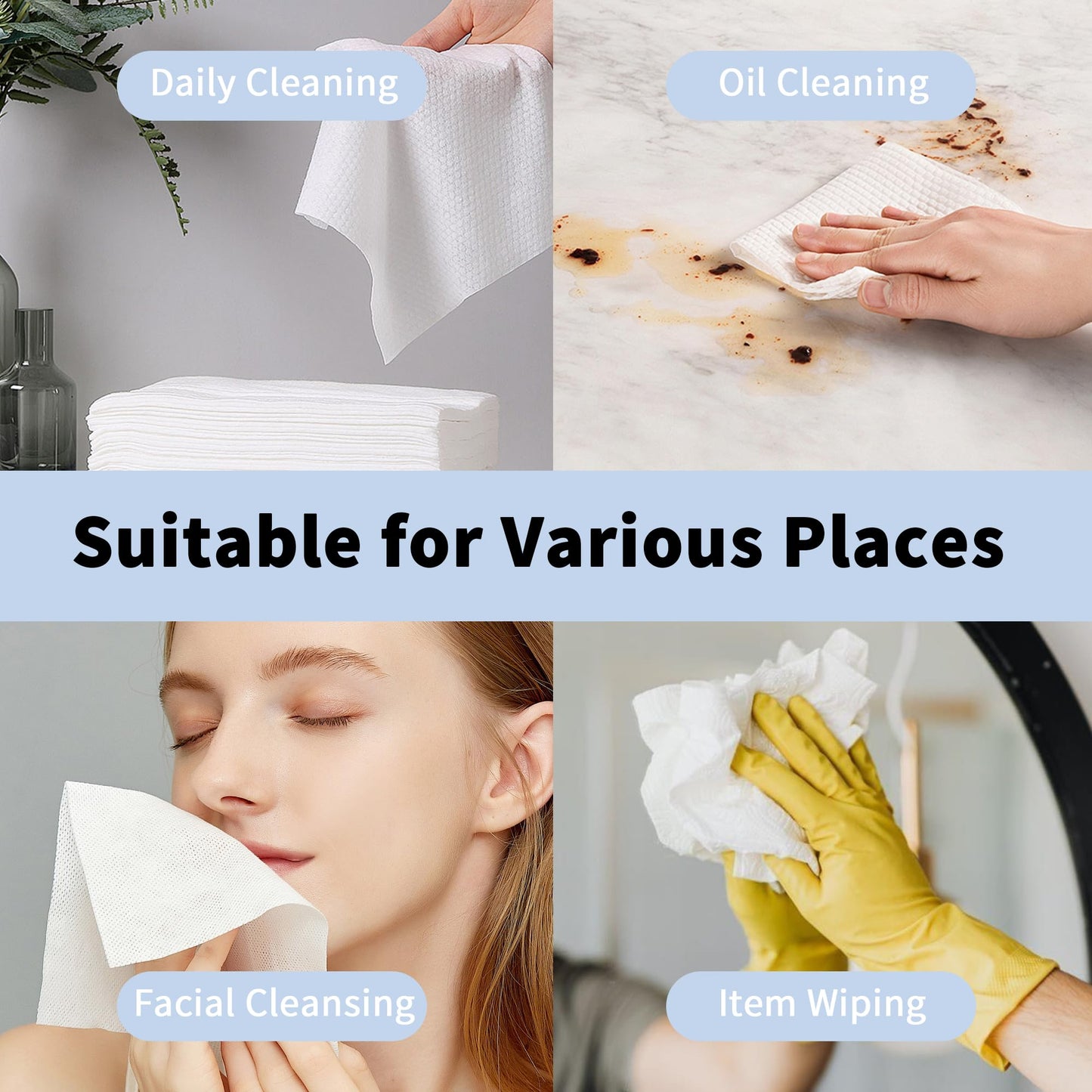 Skinsfairy Disposable Face Towels, Ultra Soft Biodegradable Dry Wipes, 50 Count 10x10'' Large Towelettes for Cleansing, Makeup Remover, Skincare, Sensitive Skin, Nursing, Travel