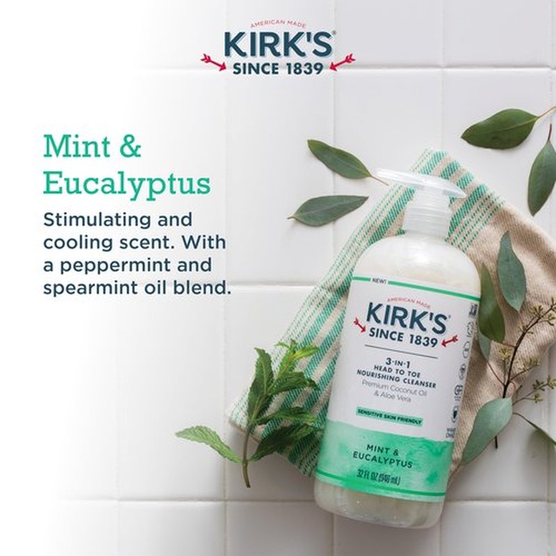 Kirk's 3-in-1 Liquid Soap Head-to-Toe Shampoo, Face Soap & Body Wash for Men, Women & Children | Mint & Eucalyptus Scent | 32 Fl Oz. - 2 Pack