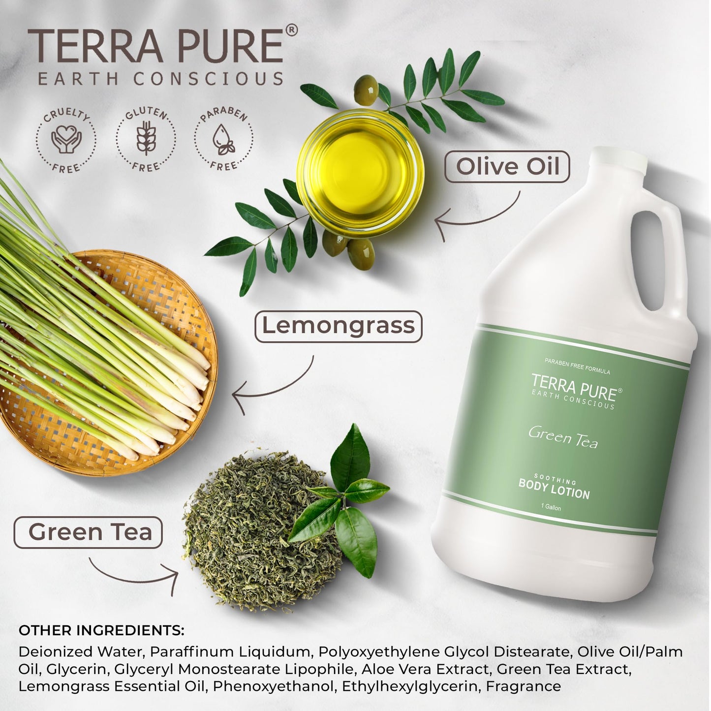Terra Pure Green Tea Hotel Body Lotion | 1 Gallon | For Hospitality & Vacation Rentals to Refill Dispensers
