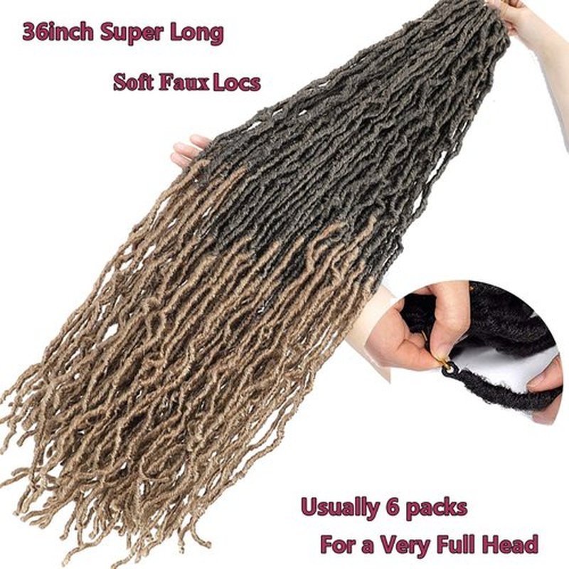 Ombre New Soft Faux Locs 36inch 6packs Super Long Brown Goddess Locs Crochet Hair Natural Pre Looped Natural Crochet Braid Curly Wave Braiding Hair（36inch #T27）