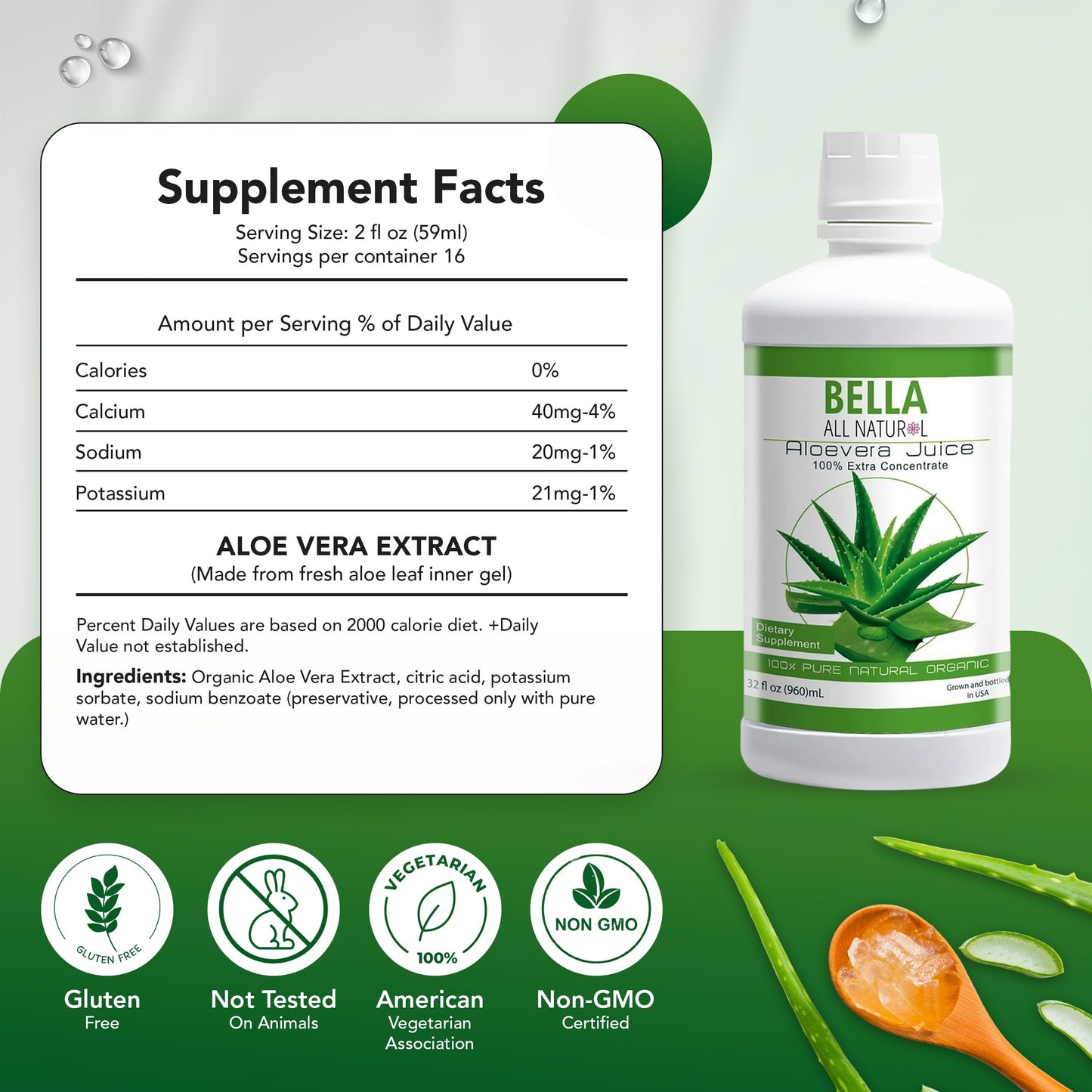Bella all Natural Aloe Vera Juice 32 Fl Oz - Organic Aloe Vera Juice for Hair Growth, Skin, & Stomach Health - Pure Aloe vera drink for Reducing Digestive Support, & Glowing Skin.