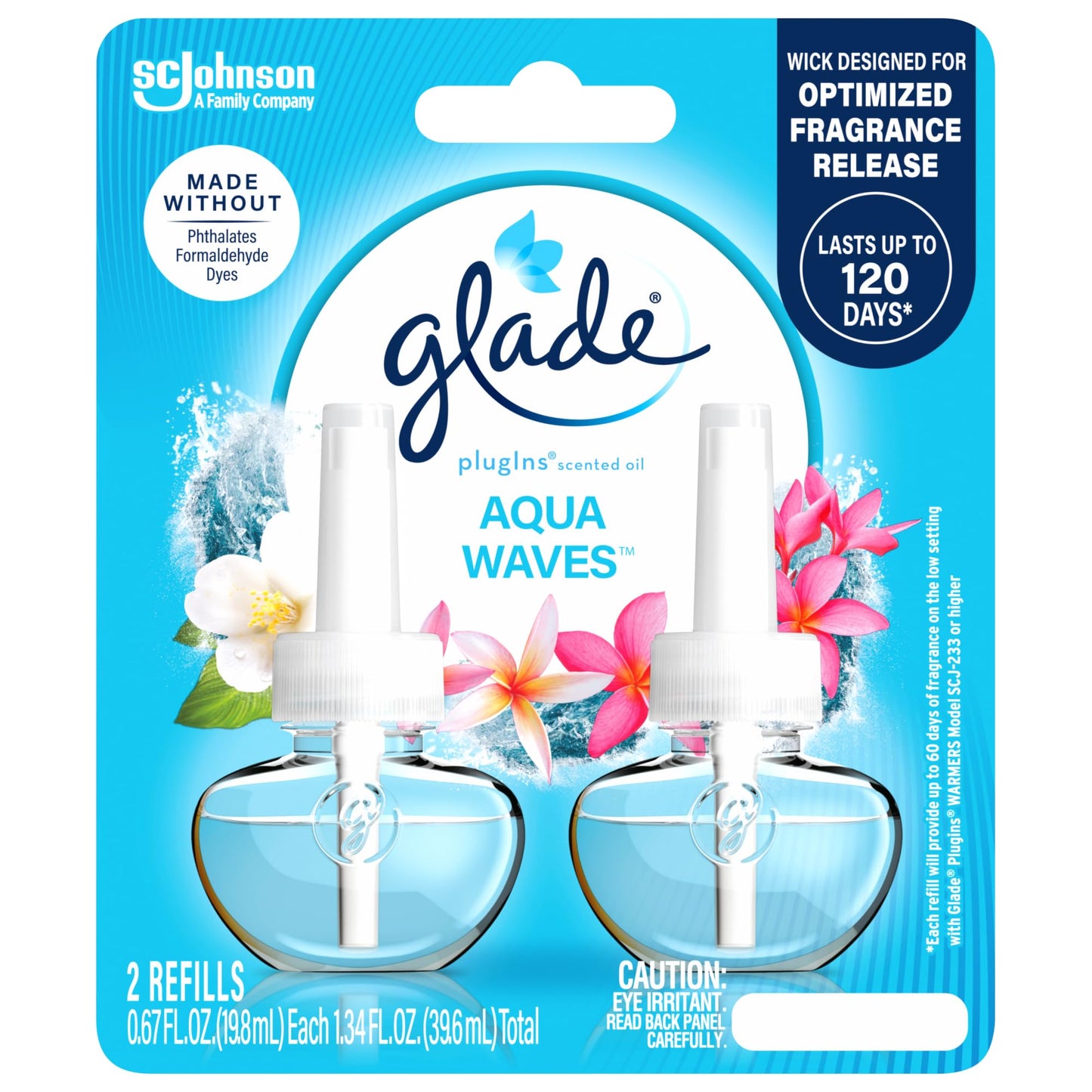 Glade PlugIns Refills Air Freshener, Scented and Essential Oils for Home and Bathroom, Aqua Waves, 1.34 Fl Oz, 2 Count