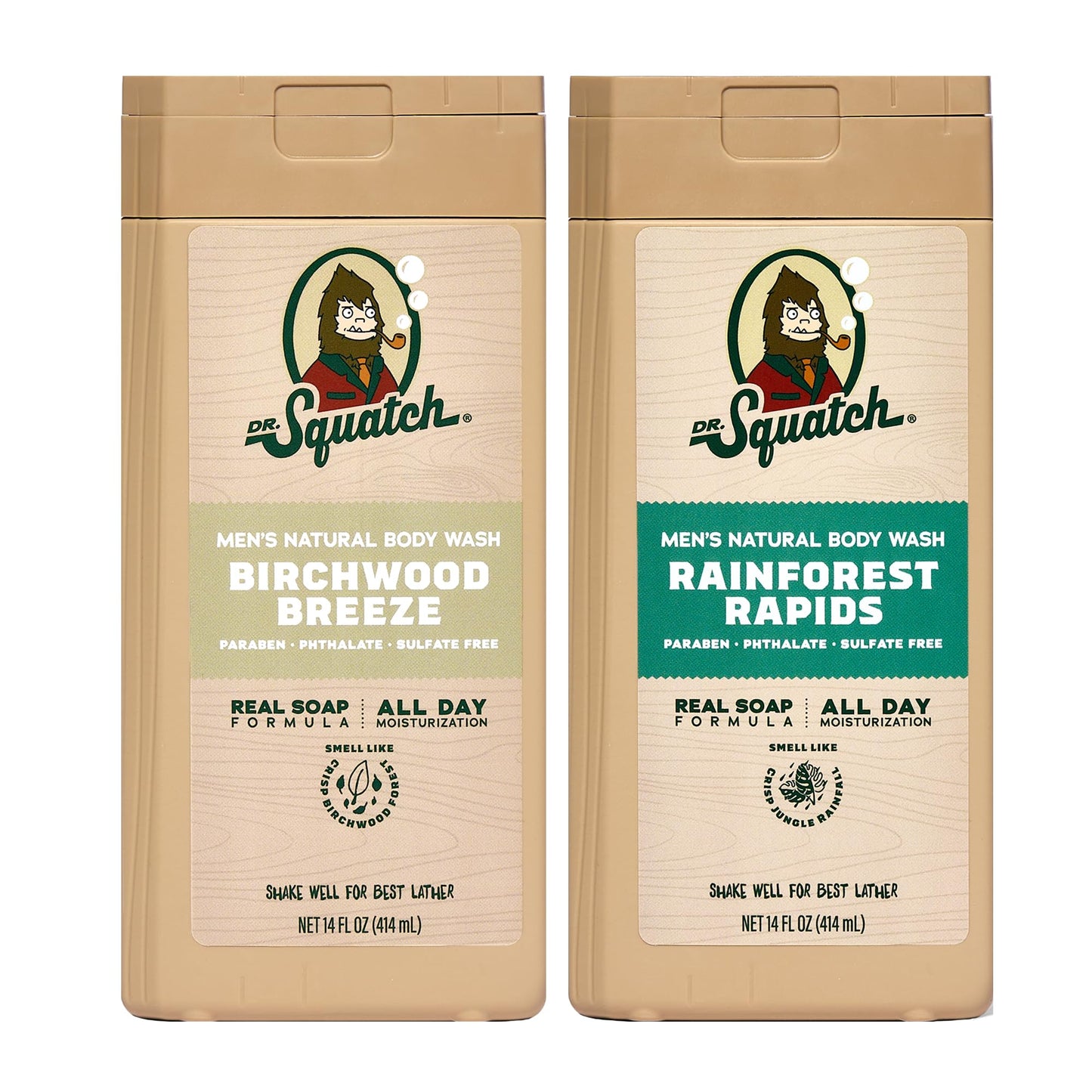 Dr. Squatch NEW Body Wash for Men with Nourishing, Natural Ingredients | No Paraben, Phthalate, Sulfate | All Day Moisture | Long Lasting Scent | Wood Barrel Bourbon & Fresh Falls (14 oz, 2-Pack)
