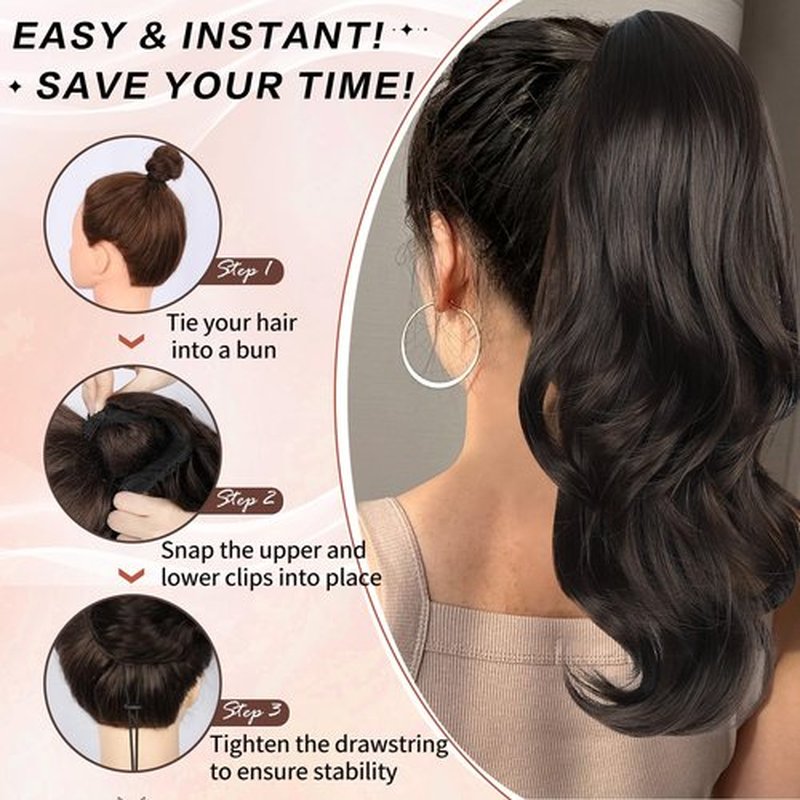 CHRSHN Ponytail Extension, Drawstring Ponytail Extension for Women Long Black Brown Wavy Pony Tails Hair Extensions Synthetic Wavy Clip in Ponytail Hairpiece for Women