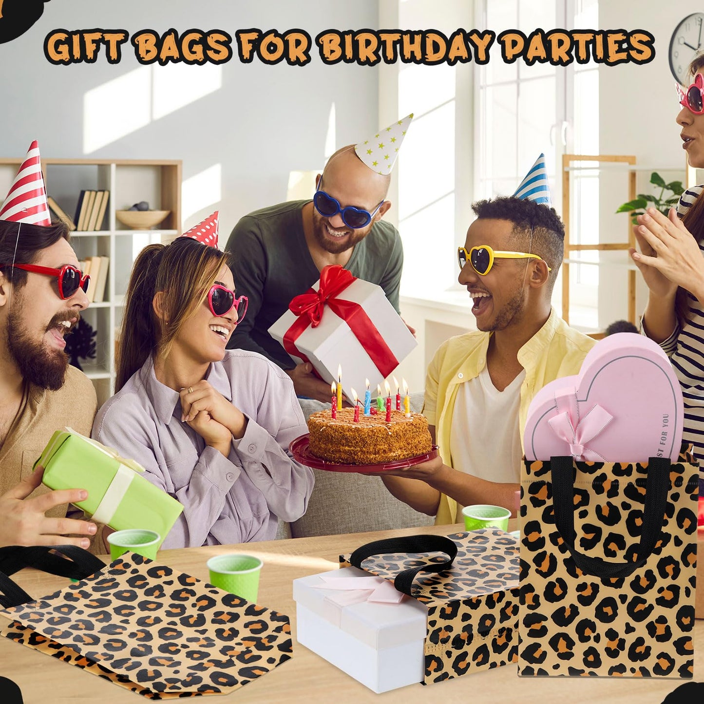 Supervitae 24 Pack Leopard Print Gift Party Bags Medium Animal Print Party Decoration Supplies Reusable Non Woven Totes for Birthday Jungle Baby Shower Favor(9.8" x 7.9" x 3.9")