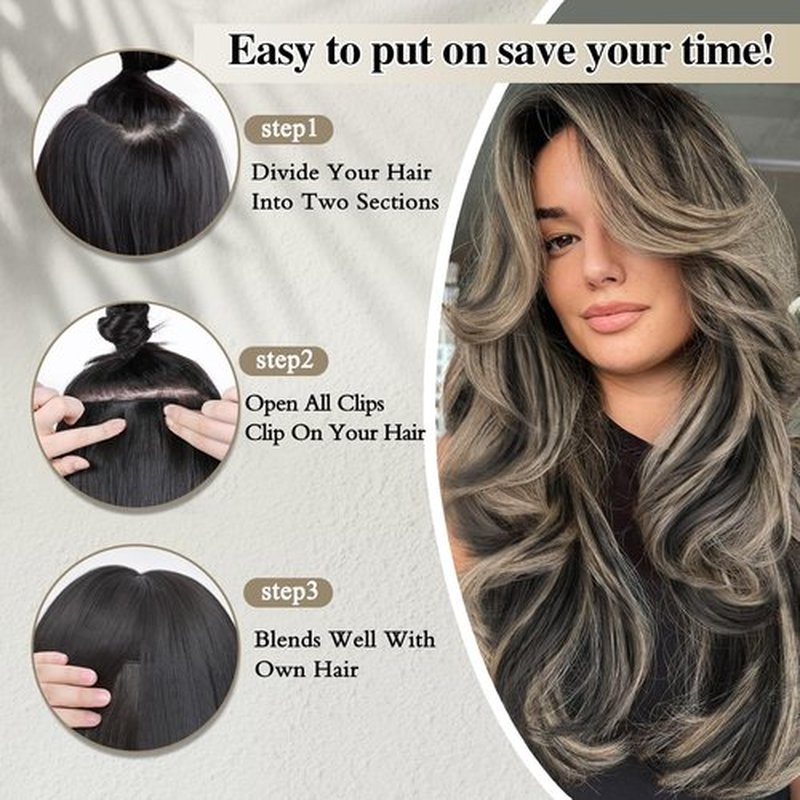 FREEMEIGE Black Mix Blonde Long Straight Hair Extensions Layered Hair Extensions Soft Synthetic Clip in Hair Extensions Hairpieces for Women(2/18)