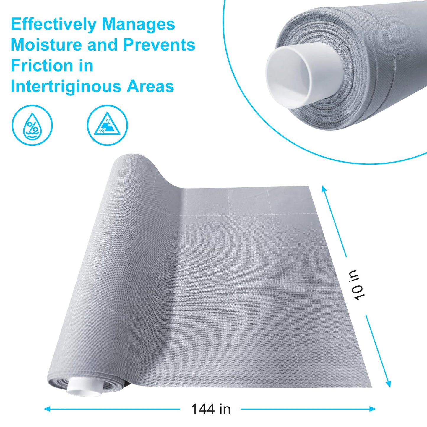 10x144 Inch Silver Infused Fabric Roll, Moisture Wicking, for Skin Folds