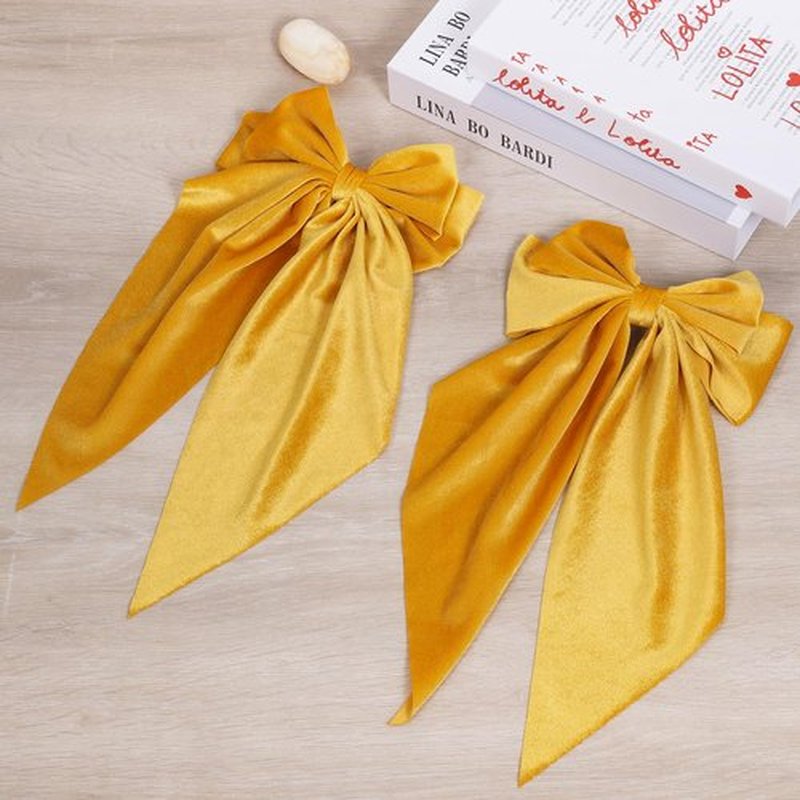 2pc Large Hair Bows for Women Girls Yellow Velvet Ribbon Hair Bow Clips with Long Tail French Barrette Hair Clamps Fall Winter Early Spring Hair Styling Accessories