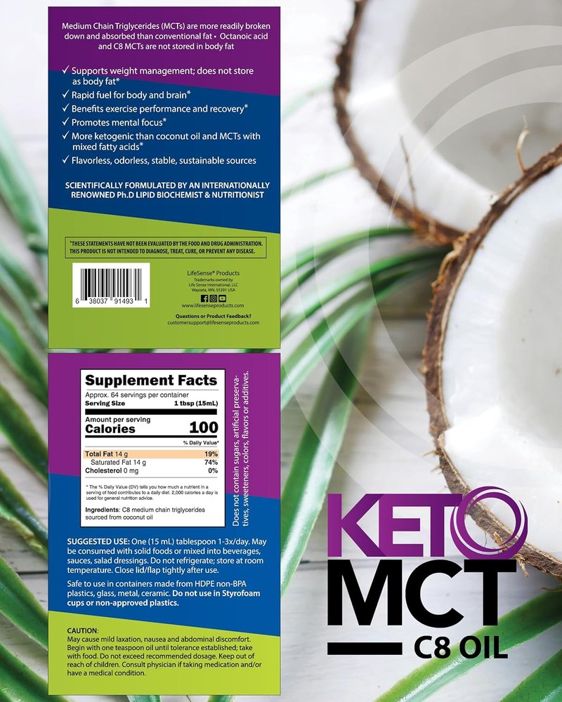 LifeSense MCT Oil - Keto-Friendly Coconut Oil Supplement | Boost Ketone Production, 32 oz