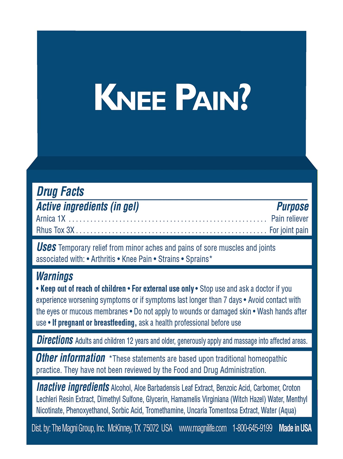MagniLife Knee Pain Relief Gel (4 oz), Arnica-Based Gel for Joint Pain, Knee Stiffness & Swelling, Non-Greasy, No Staining, Massage-in Formula for Daily Knee Support & Comfort