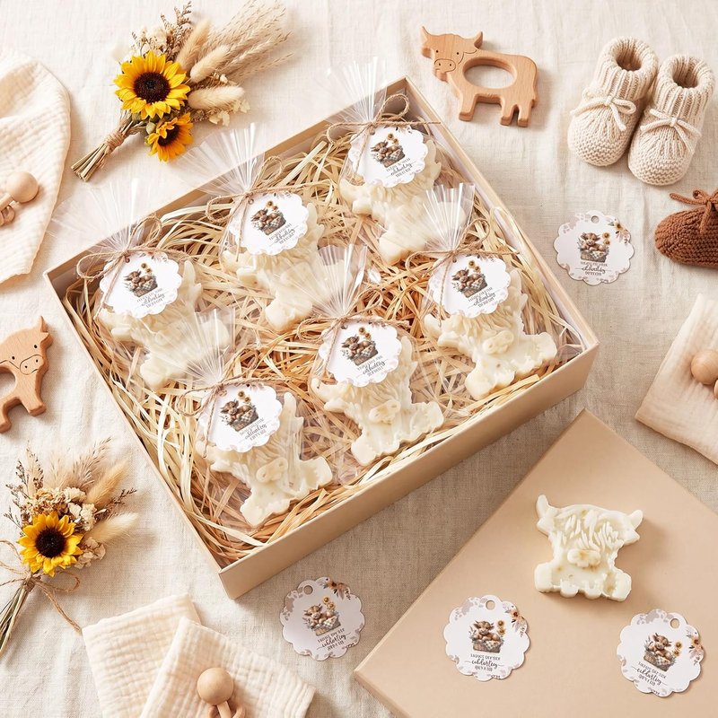 Highland Cow Baby Shower Soap Favors - 20 Sets Handmade Oat Soaps with Greeting Cards | Farmhouse Woodland Theme