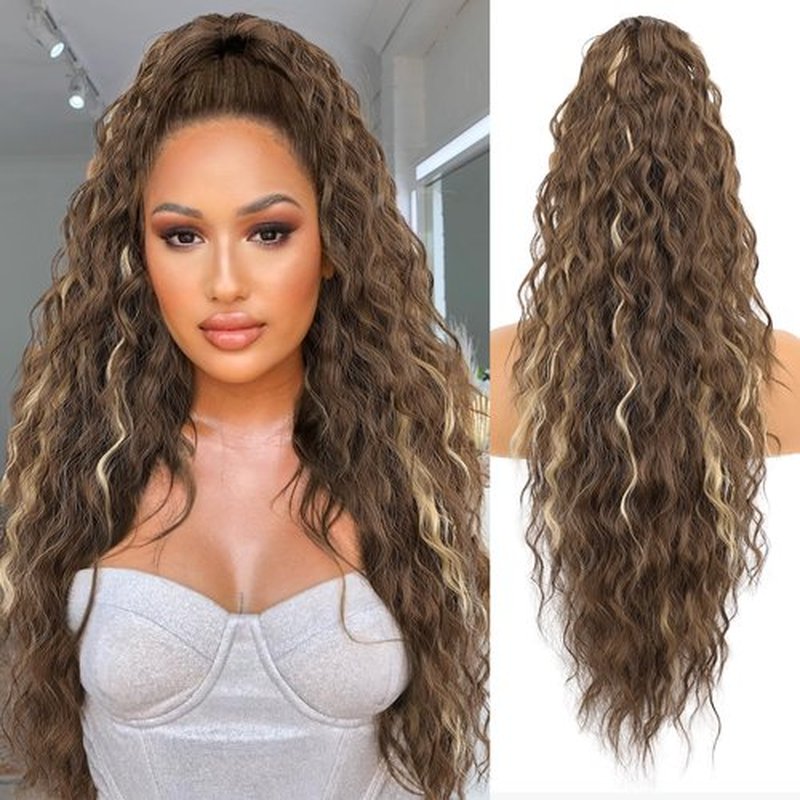 ORSUNCER Ponytail Extension Claw 30" Curly Pony Tail Clip in Claw Hair Extensions Fluffy Natural Looking Synthetic Hairpiece for Women Chocolate Brown Highlight