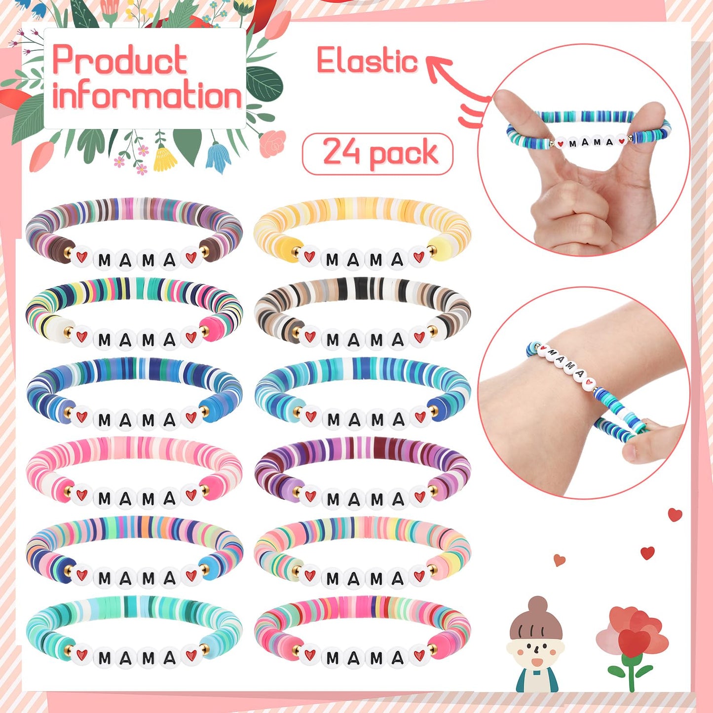 Huquary 24 Mama Bracelet Gifts Bulk Christian Gift for Mom Clay Bracelets for Church Women Mom Group Mothers Day Party Favors(24 Pcs,Colorful)