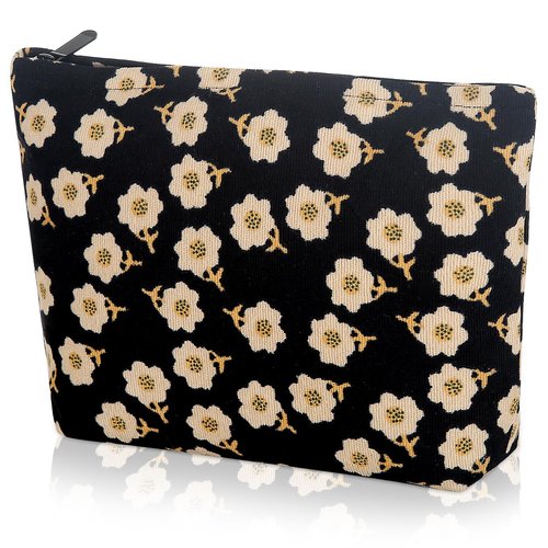 Wudimeitt Cosmetic bag Makeup bag Preppy Cute Corduroy Toiletry bag for women travel essentials (Flower black)