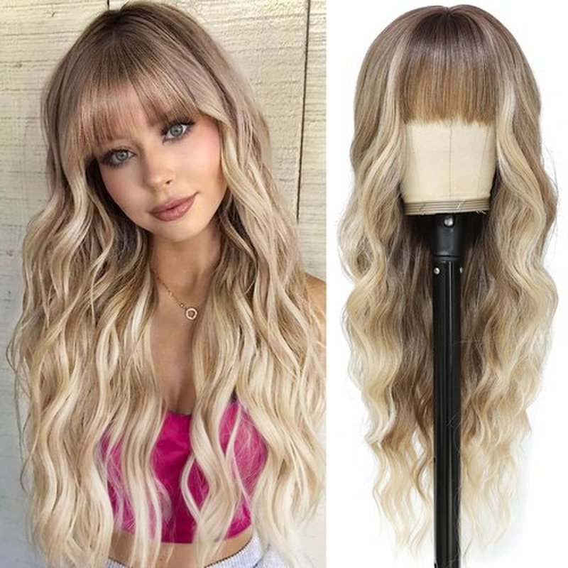 Dirty Blonde Wig With Bangs Long Wavy Curly Ombre Blonde Wig with Dark Roots Wigs For White Women Blonde Wigs With Bangs Synthetic Heat Resistant Wigs for Women Daily Party Use 24inch (Dirty Blonde)