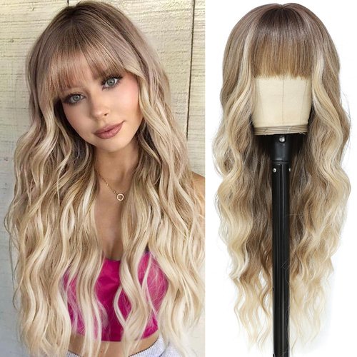 Dirty Blonde Wig With Bangs Long Wavy Curly Ombre Blonde Wig with Dark Roots Wigs For White Women Blonde Wigs With Bangs Synthetic Heat Resistant Wigs for Women Daily Party Use 24inch (Dirty Blonde)