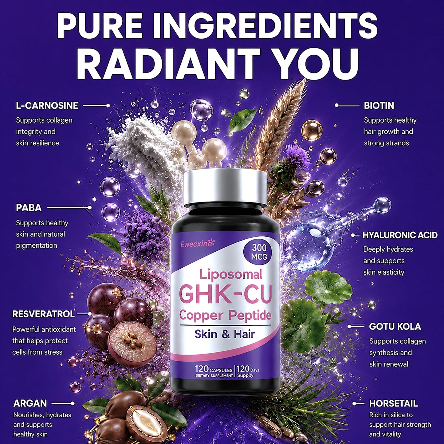 Liposomal GHK-Cu Copper Peptide Supplement 120 Capsules 300 mcg per Serving