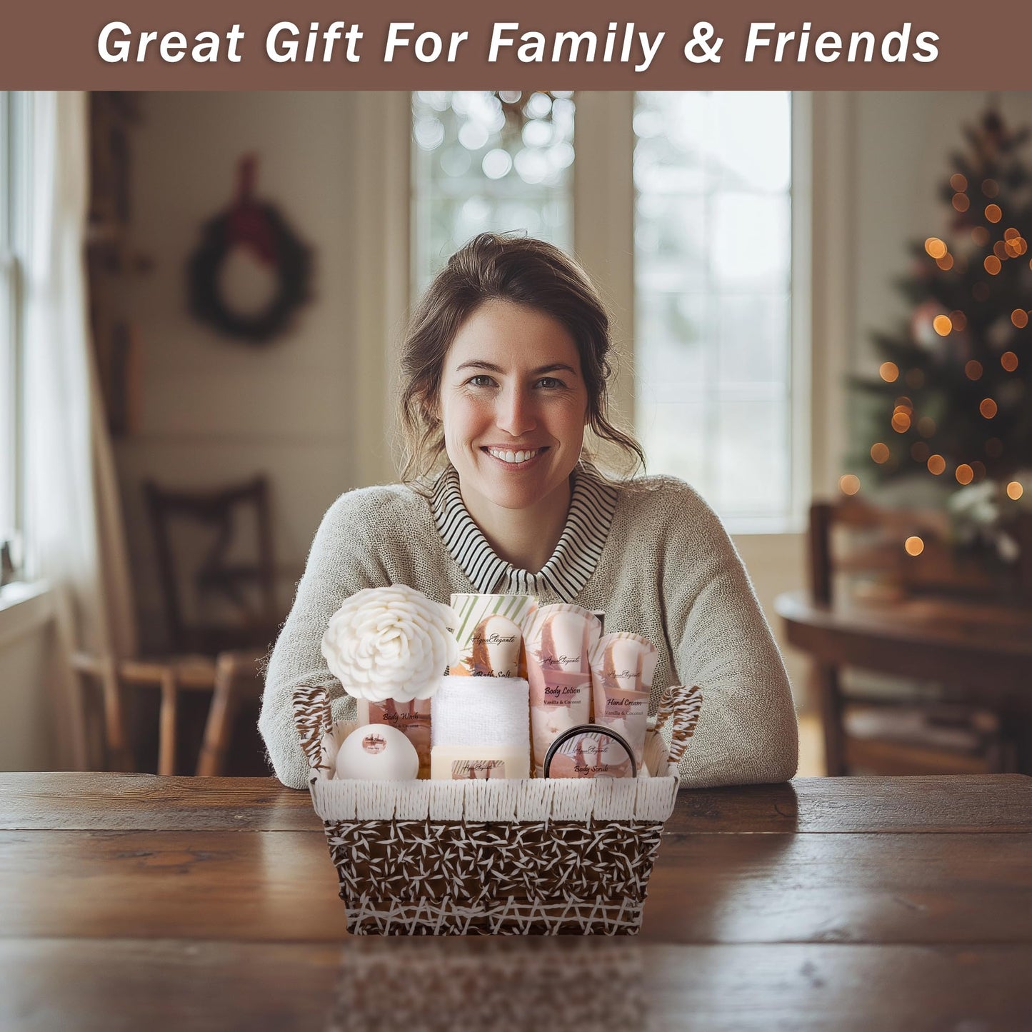 Aqua Elegante Bath Basket For Women - Deluxe Spa Set with Wash, Bubble Bath, Lotion, Salts, Body Scrub, Towel, Shower Puff, Bathbombs, Reusable Basket, Gifts for Mom, Wife, Her - Coconut & Vanilla