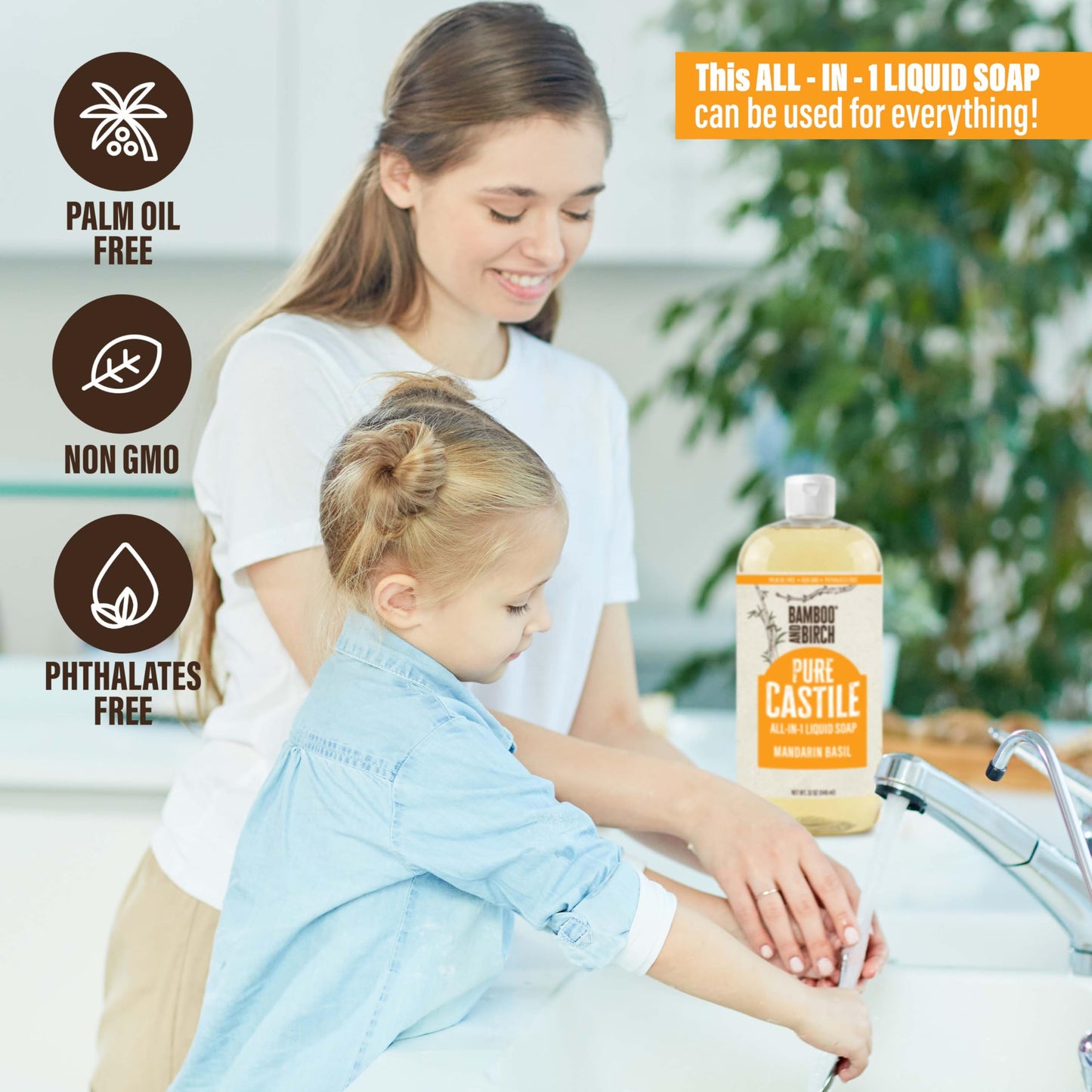 BAMBOO AND BIRCH Pure Castile Soap Liquid, Mandarin Basil, 32 oz