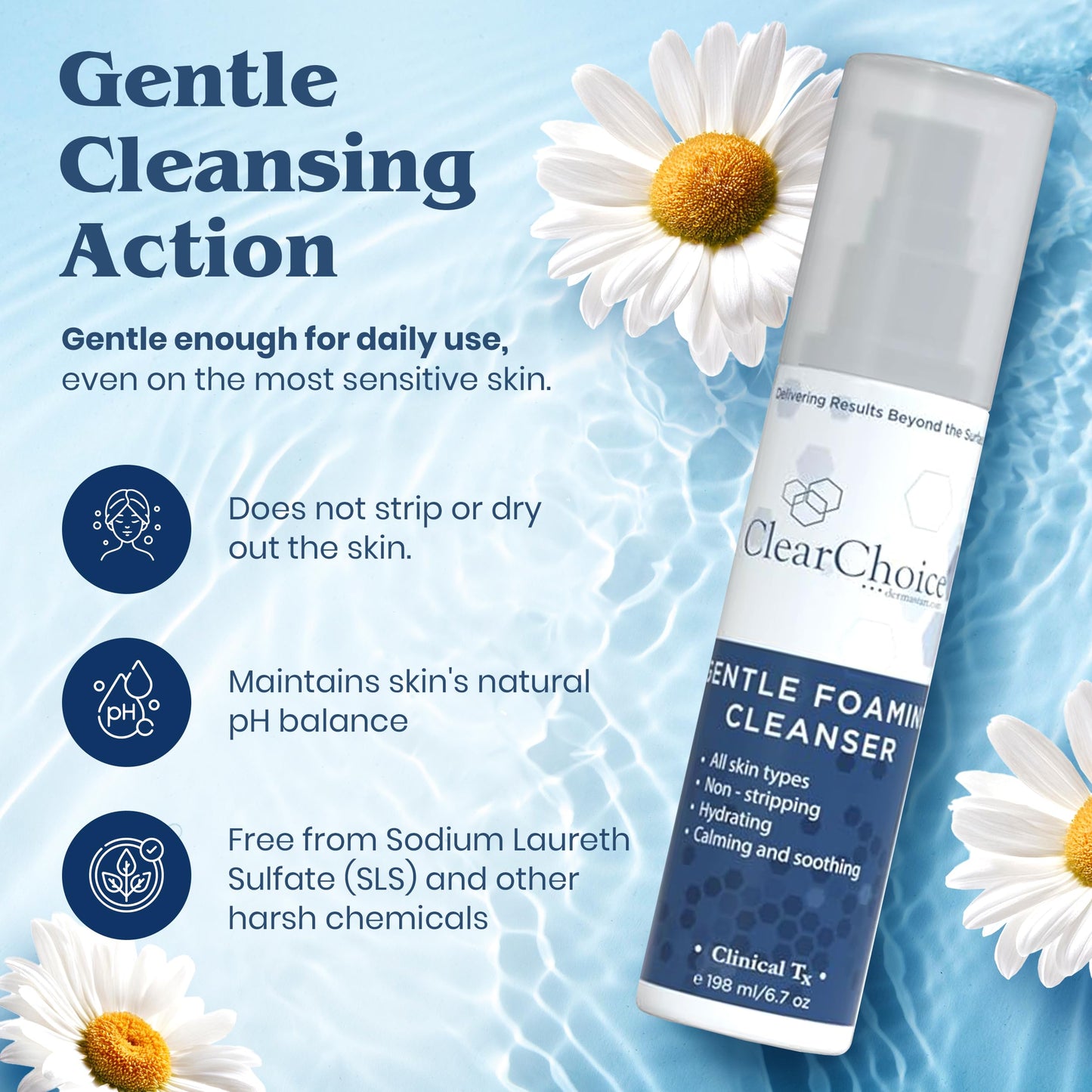 Clear Choice Gentle Foaming Cleanser 6.7oz – Soap-Free, SLS-Free Face Wash for Sensitive, Acne-Prone Skin – Restores pH Balance, Removes Makeup, Ideal for Post-Peel and Post-Laser Care