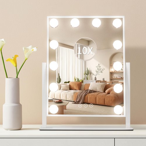 NUSVAN Vanity Makeup Mirror with Lights,3 Color Lighting Modes Detachable 10X Magnification Mirror Touch Control,360°Rotation, White (14.6Inch)