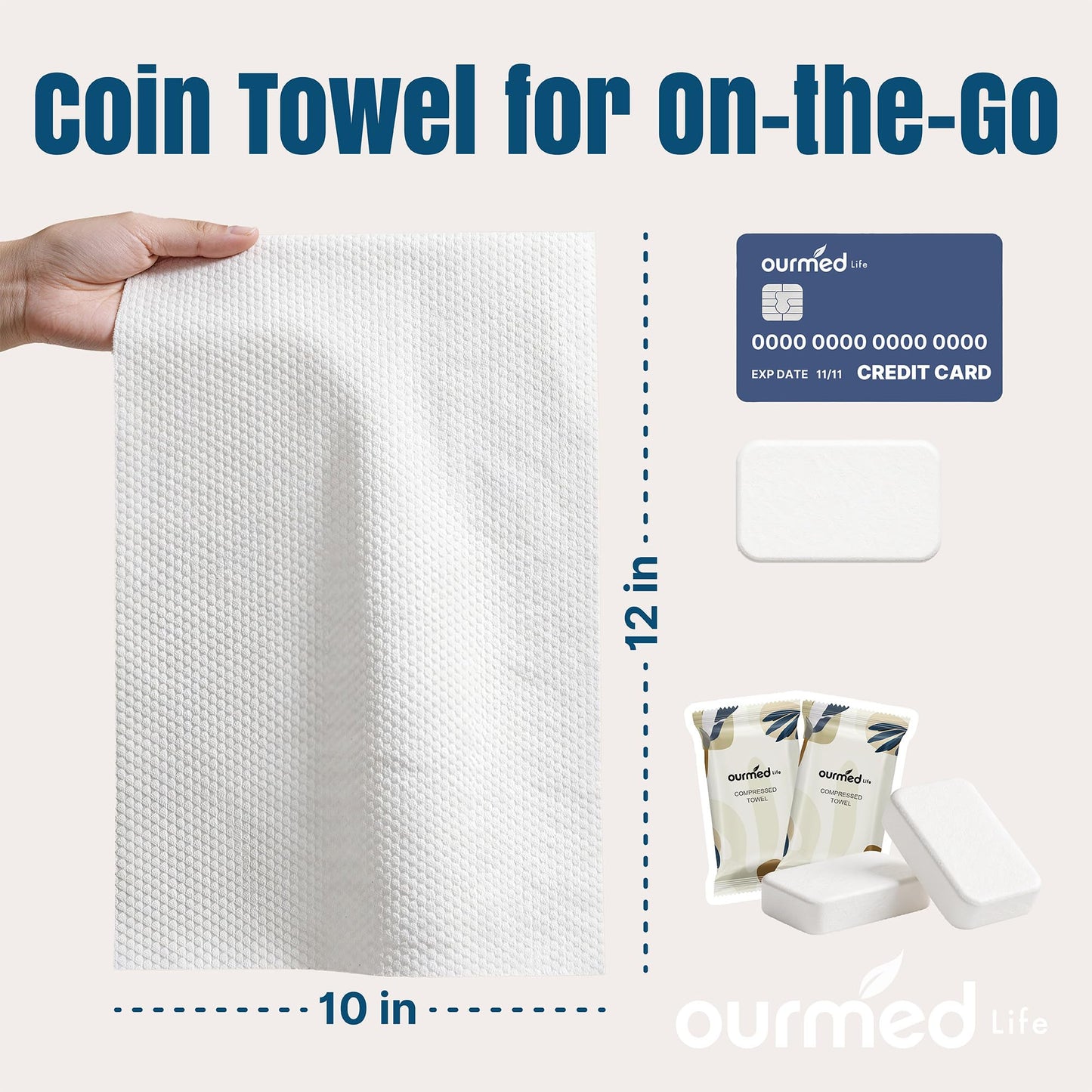 Ourmed Life Compressed Towel Tablets – Portable, Individually Wrapped Disposable Face Towels, Quickly Expand with Water, Soft & Lint-Free, 12‘’x10‘’ for Travel, Camping, Hiking, Backpacking (24 Count)