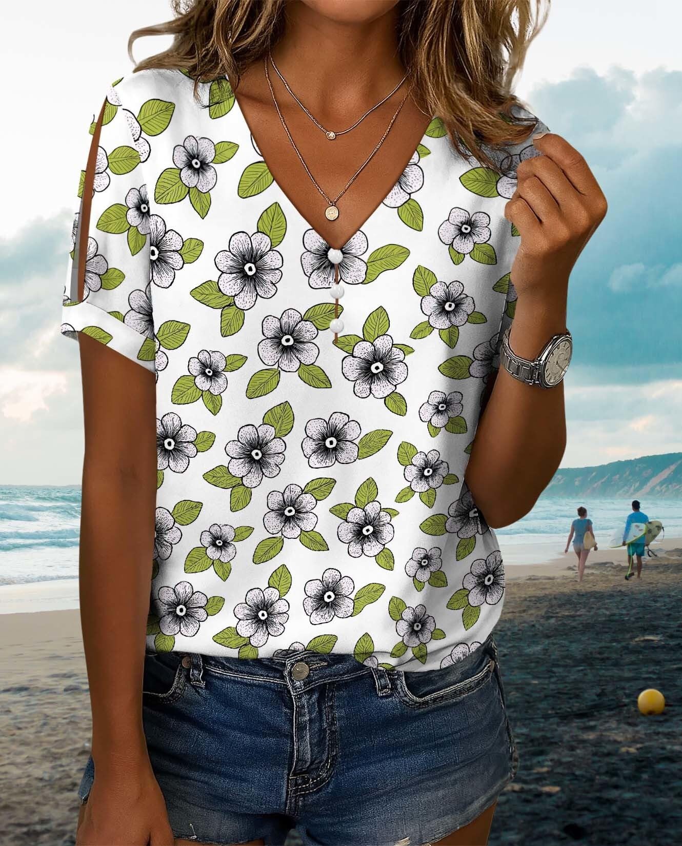Summer Floral Print Boho Blouses for Women Casual Loose Fit Top Front Button V Neck Tee with Slit Short Sleeves Lightweight Relaxed Shirts