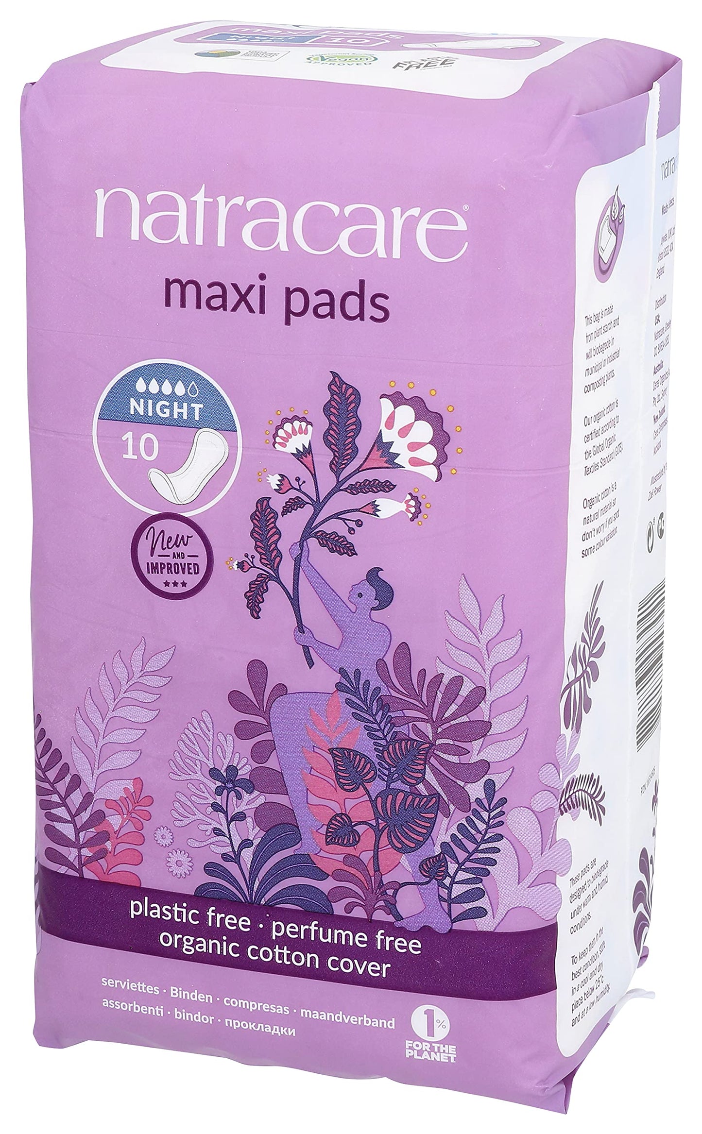 Natracare Natural Traditional Style Night Time Maxi Pads, Individually Wrapped, Without Wings in Plant-Based Bag (1 Pack, 10 Pads Total)