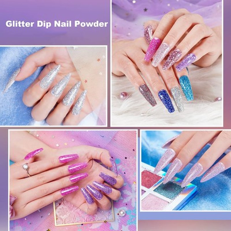 wakaniya Nail Dip Powder Kit 8 Colors Glitter Purple Galaxy Nails Powder Set with Liquids Base Top Coat Nail Remover Pads Dip Nails Starter Kit with Everything for Beginners