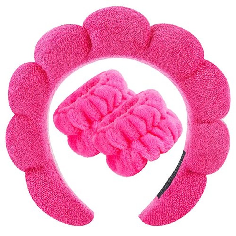 Zkptops Spa Headband for Women Sponge Makeup Skincare Headband Washing Face Wristband Set Terry Cloth Bubble Soft Get Ready Hairband Puffy Padded Headwear Non Slip Thick Hair Accessory(Hot Pink-2)