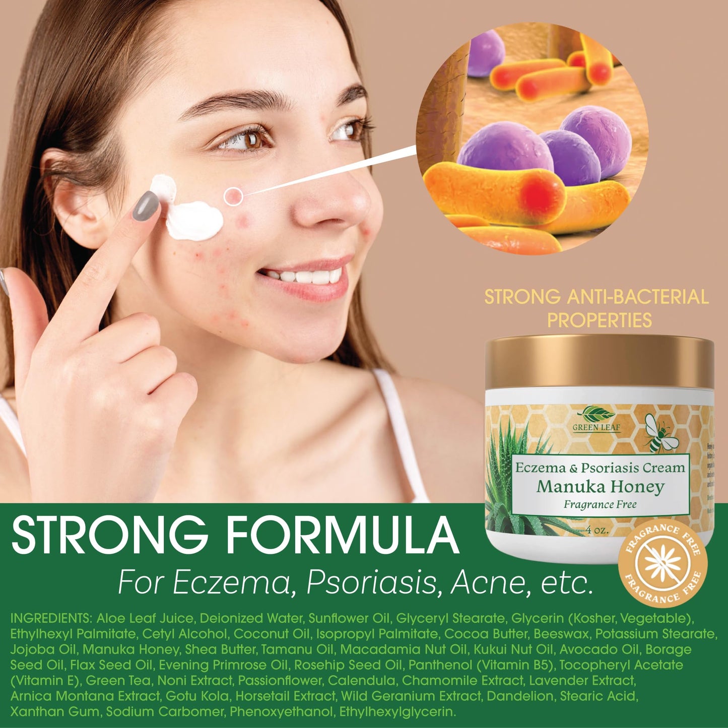 Green Leaf Naturals Manuka Honey Eczema Cream Moisturizing Lotion Fragrance Free for Psoriasis Relief - Itchy, Dry Skin Ointment - Skin Soothing Moisturizer - Body & Face Cream - Kids & Adults 4oz