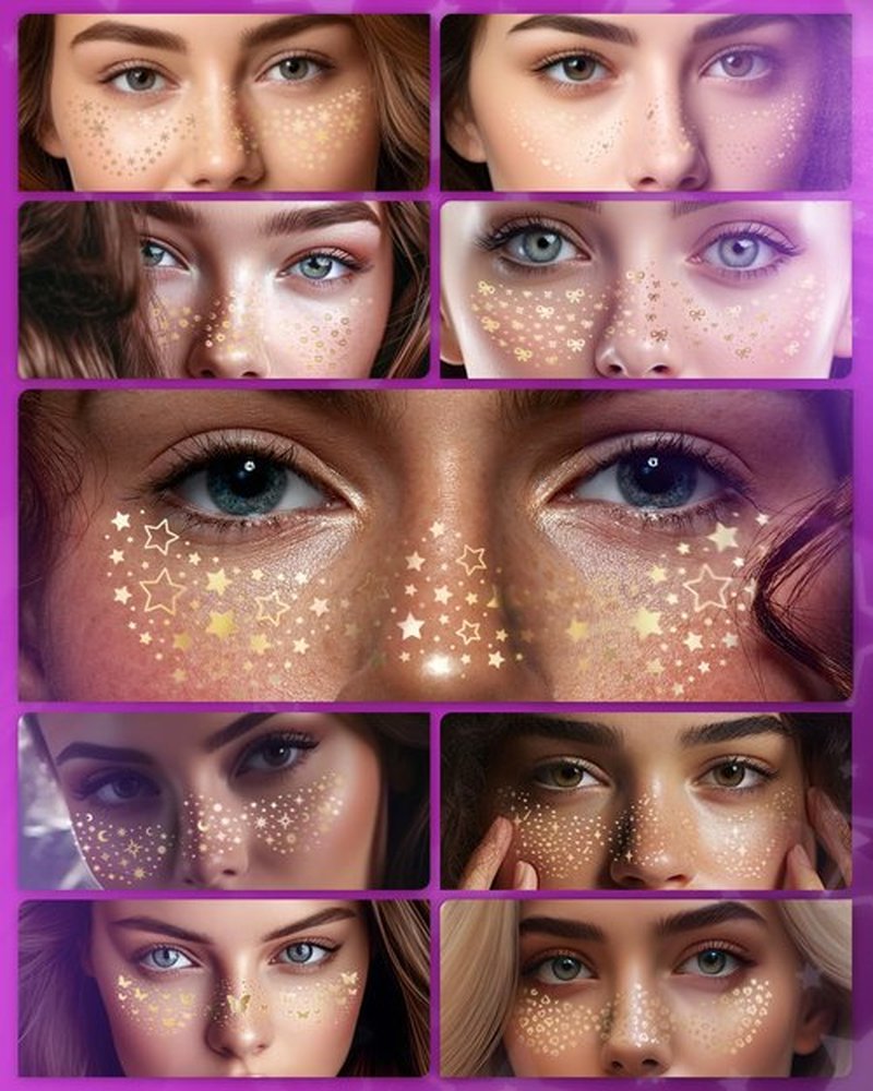Face Glitter Freckles Makeup Patches Gold Glitter Freckles Face Tattoo 9 Style Set Speckles Sparkle Freckle Temporary Tattoo Beauty Face Freckles Waterproof Faux Fake Freckle for Music Party Makeup