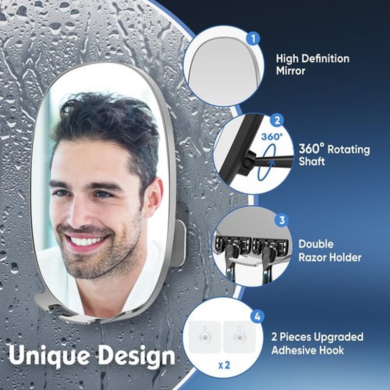 COSMIRROR Shower Mirror Fogless for Shaving with Updated Adhesive,360° Rotation,Two Razor Holders No-Drilling Fogless Mirror for Shower, Shatterproof & Waterproof Bathroom Shaving Mirror Grey