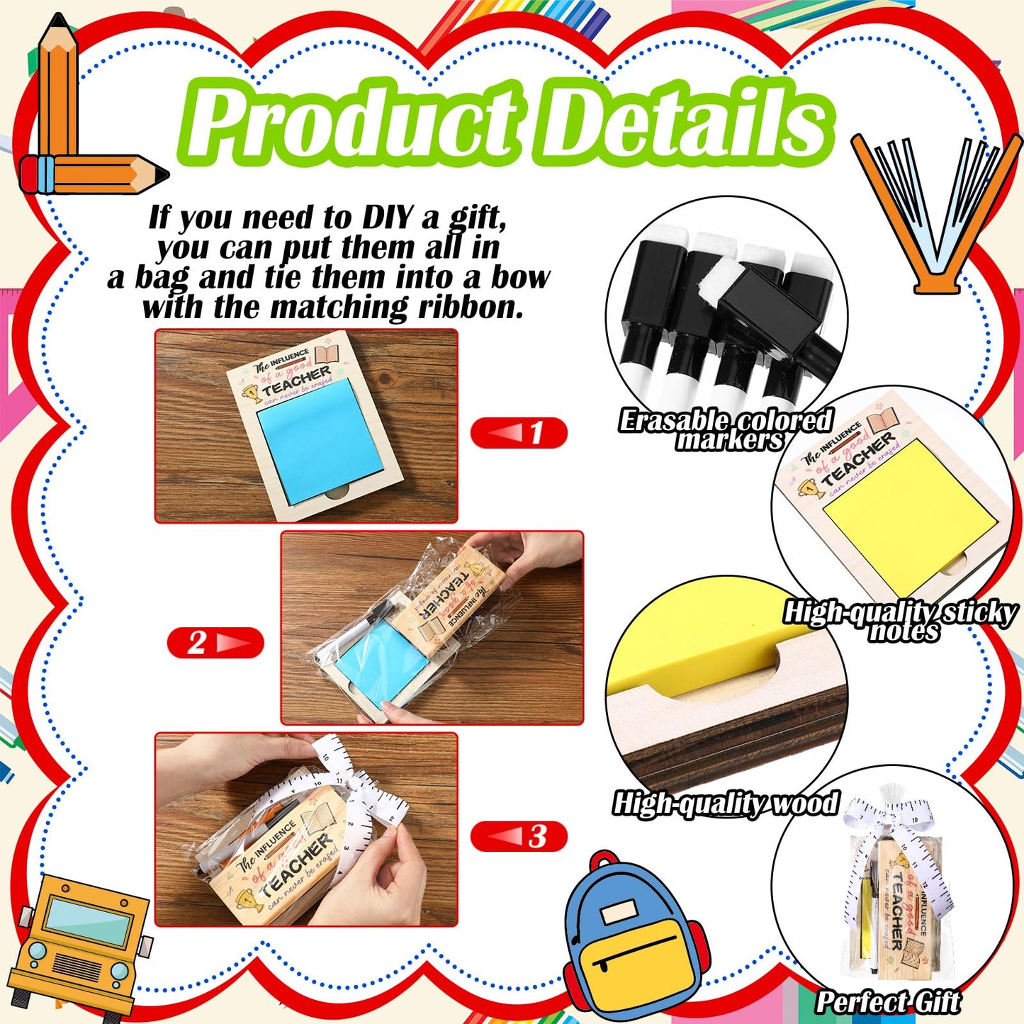Kosiz 31 Pcs Back to School Teacher Gifts Bulk, Including 6 Thank You Wood Chalkboard Erasers with Markers 6 Note Sticky 6 Wooden Note Holder Measuring Tape for First Day of School Classroom Favor