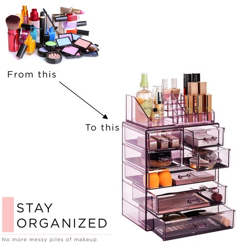 Sorbus Clear Cosmetic Makeup Organizer - Make Up & Jewelry Storage, Case & Display - Spacious Design - Great Holder for Dresser, Bathroom, Vanity & Countertop (3 Large, 4 Small Drawers) [Purple]