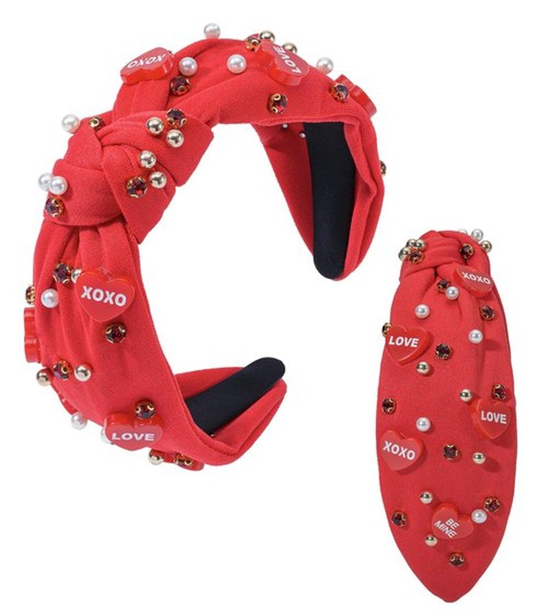 Valentine’s Day Headband for Women Love Message Heart Headband Jeweled Crystal Pearl Knotted Headband Red Pink Wide Top Knot Headband Valentine’s Day Hair Accessories Gifts(Red-LOVE charm)