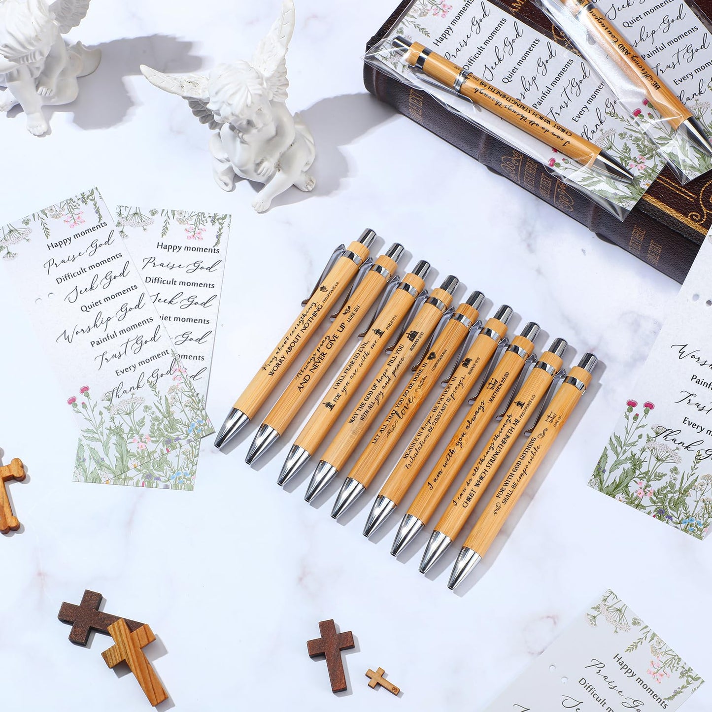 Chivertion 50 Set Christian Religious Gifts Bulk Include Bible Verse Pens and Inspirational Bookmarks Scripture Quote Bible Study Group Church Gifts for Christian Pastor (Bamboo)