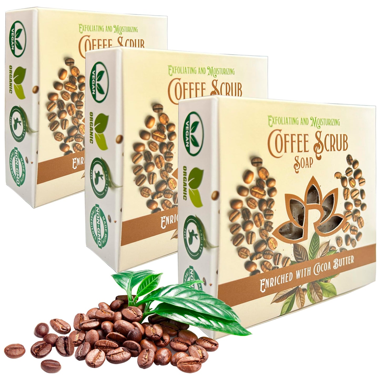 100% Handmade Coffee Scrub Soap Bar with Fresh Ground Coffee and Cocoa Butter - Cold Process Soap with Latte Aroma Oil - Good Scrubbing Effect - Perfect for Body Exfoliating and Moisturizing (3 bars)