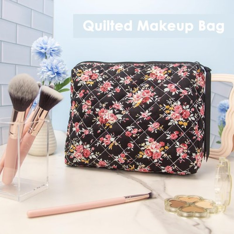 PAZIMIIK Cotton Makeup Bag for Women Large Quilted Travel Cosmetic Pouch Girls' Make Up Organizer,Rose Black