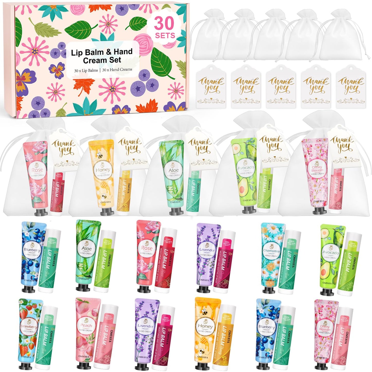 30 Sets Bulk Gifts For Women, Lip Balm Bulk and Hand Cream Gift Set with Organza Bags, Thank You Cards, Party Favors For Bridal Wedding, Baby Shower,Teacher Appreciation Gifts Bulk