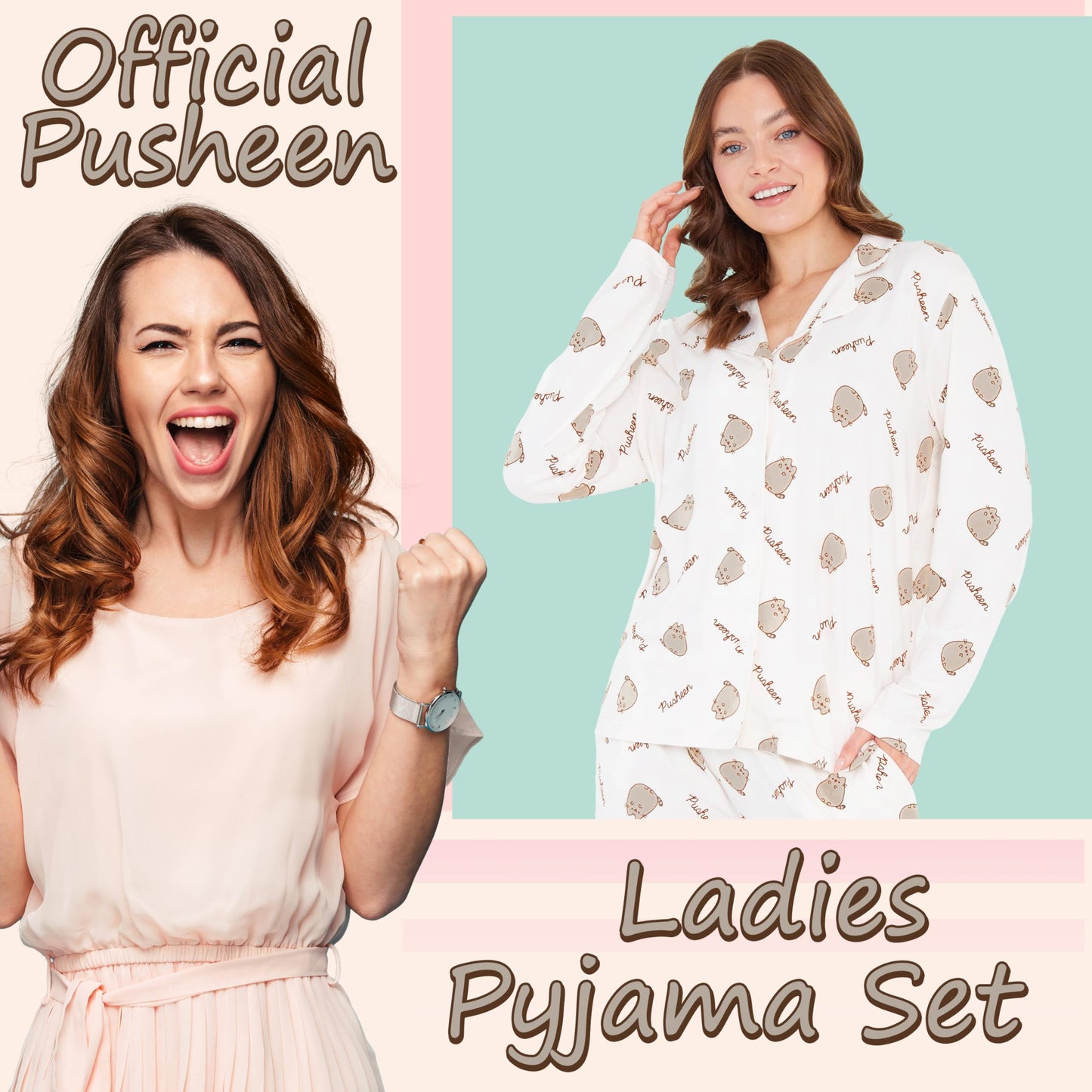 Get Trend Pusheen 2 Pc Pajamas Set for Women, Teens with Top, PJ Pants with Pockets, Cozy Sleepwear, Soft Loungewear, for Women (M, Beige Pusheen)