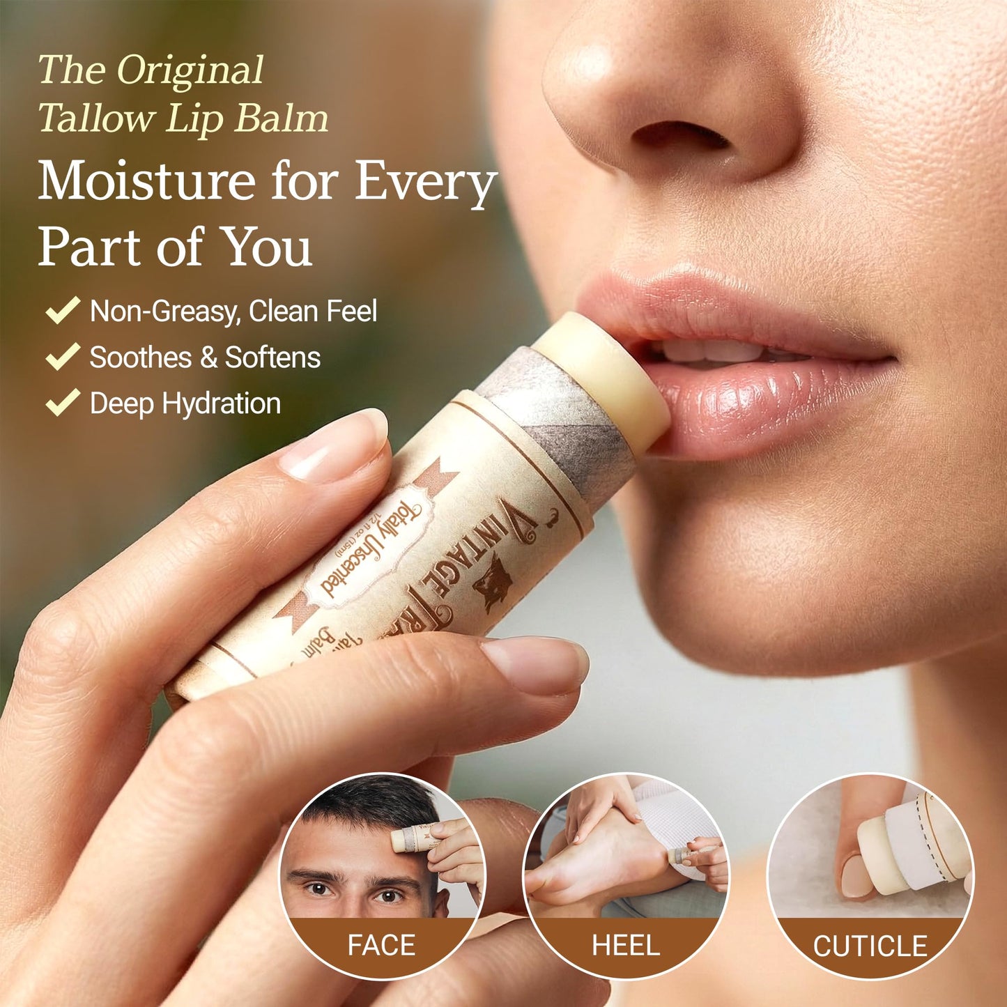 Vintage Tradition Moisturizing Beef Tallow Lip Balm – Unscented Tube Lip Moisturizer for Sensitive Skin Hydrates & Soothes Dry Lips – Grass-Fed Tallow Balm for Skin Care, 0.5 Fl. Oz.