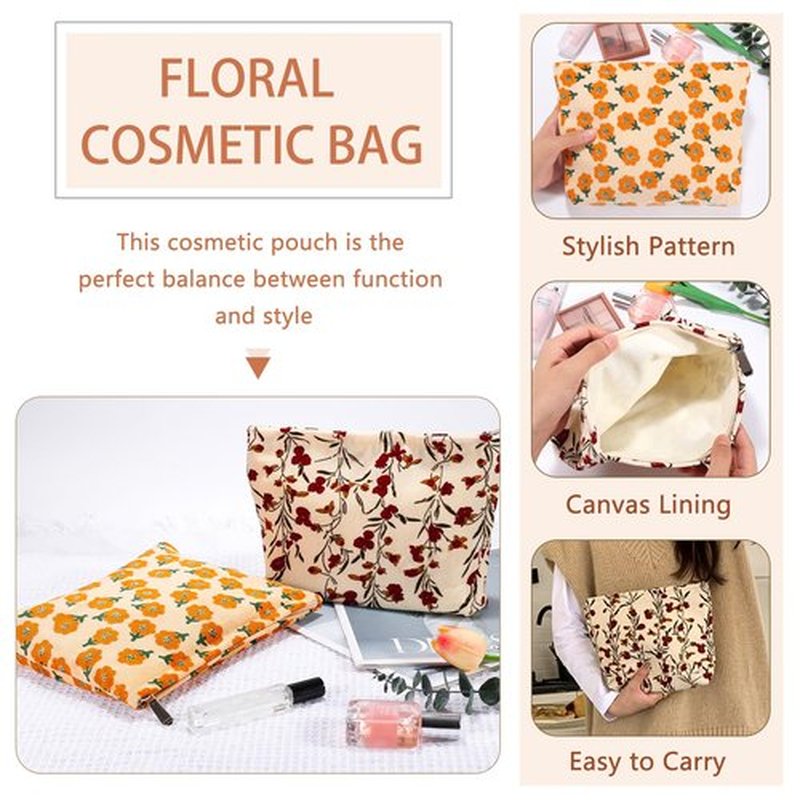 ZLFSRQ 2Pcs Daisy Flower Makeup Bag Travel Cute Cosmetic Bags for Women Large Floral Makeup Pouch Zipper Cosmetic Pouch Set for Purse Aesthetic Corduroy Makeup Organizer Bag Portable Toiletry Bag